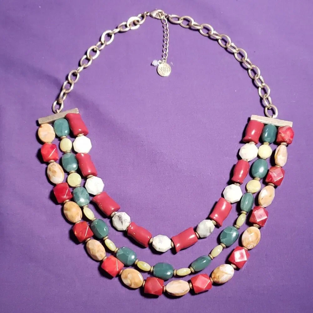 Dana Buchman Signed Three Layer Multicolored Necklace, Matte Yellow Gold Tone
